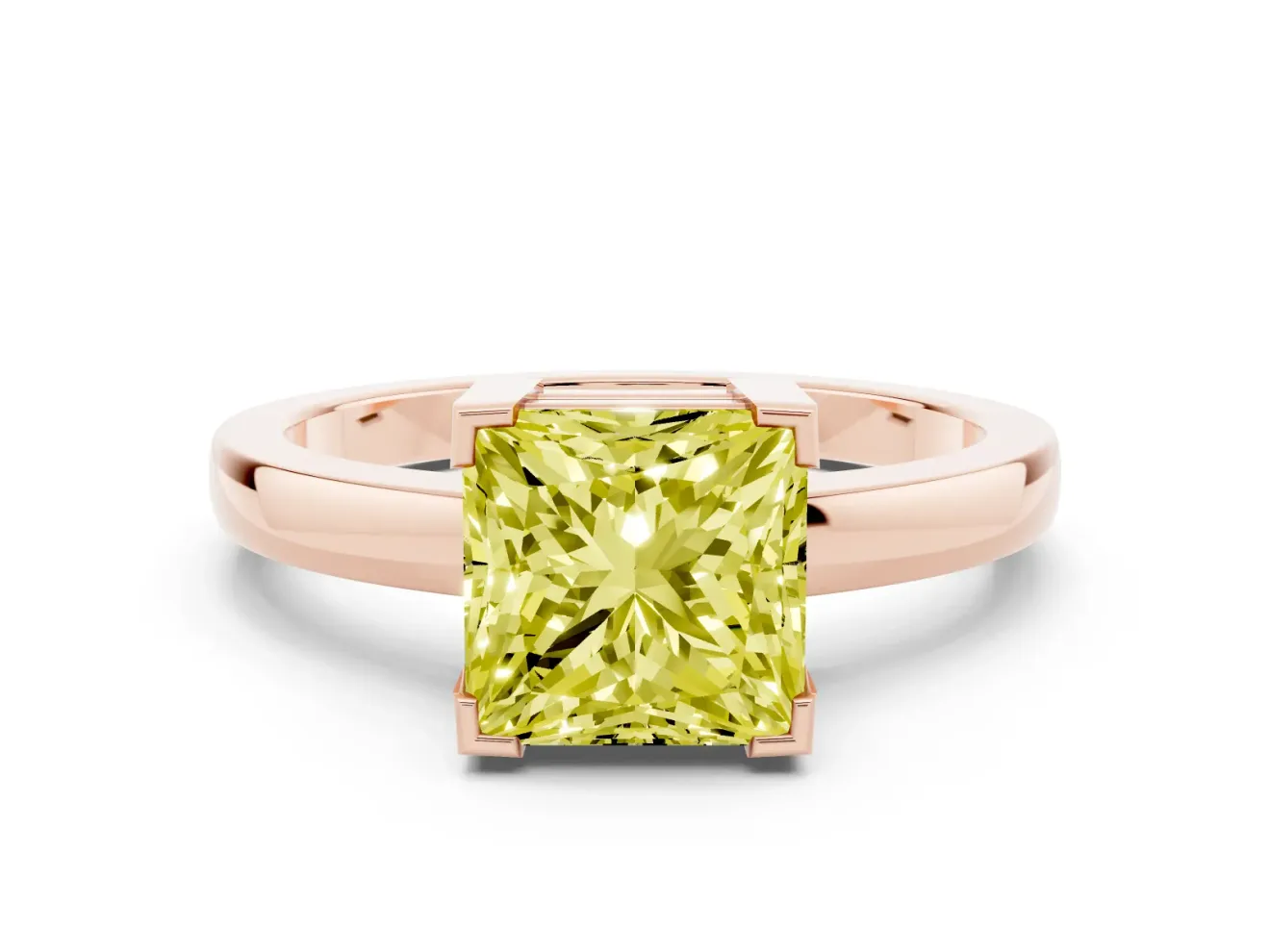 Fancy Yellow Princess Cut Diamond Solitaire Ring Set in Rose gold with Prong Head and Smooth Polished Band