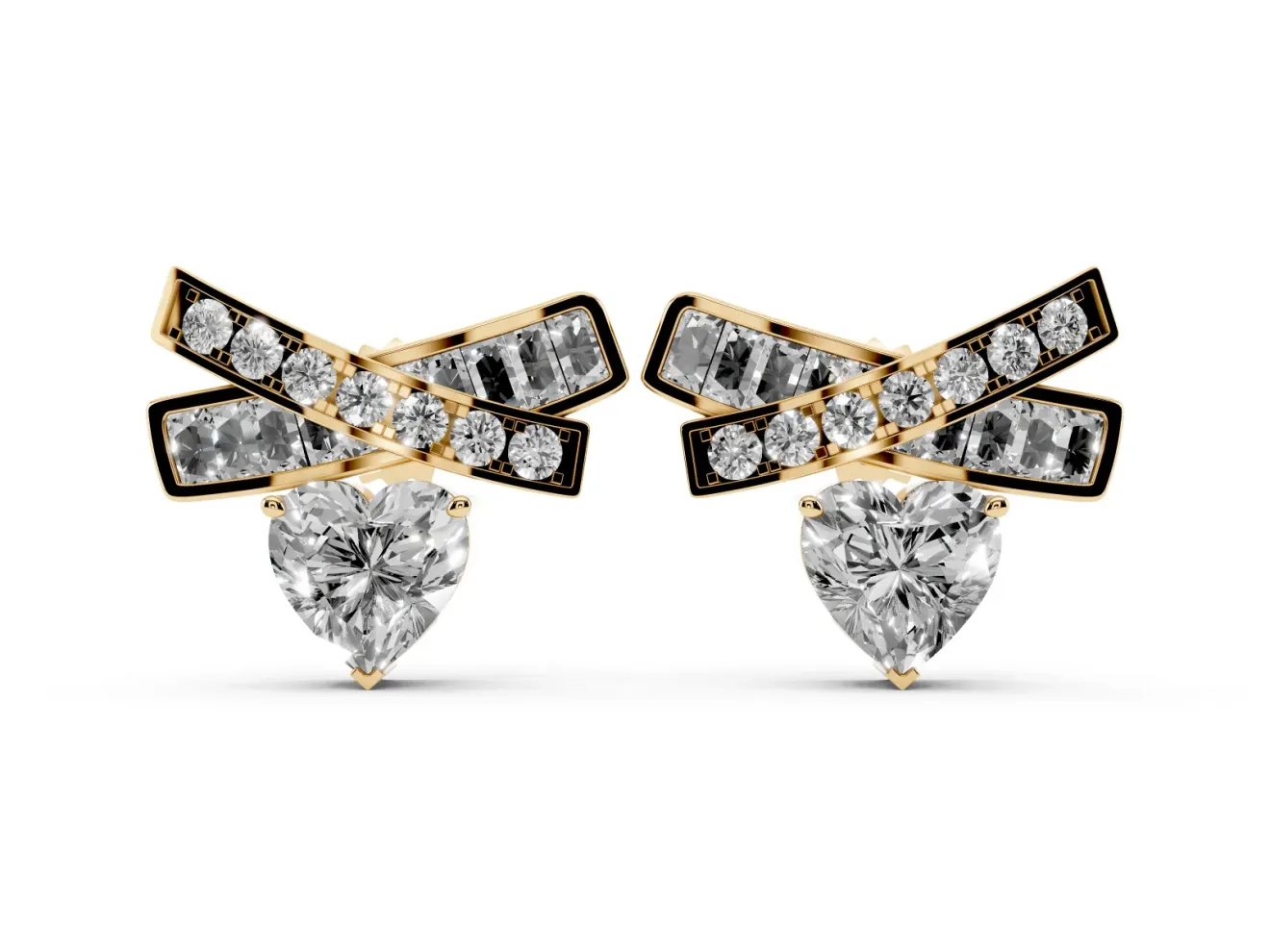 Heart Lab-Grown Diamond Crossed X Stud Earrings | Baguette and Round Bars | Yellow Gold