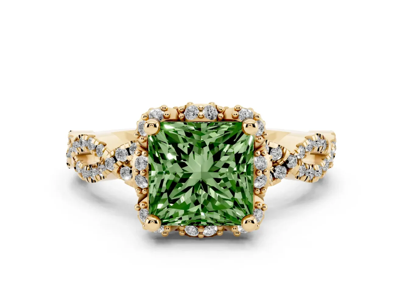 Princess Cut Halo Engagement Ring Setting for a Fancy Green Lab-Grown Diamond | Yellow Gold - Design NV-24725