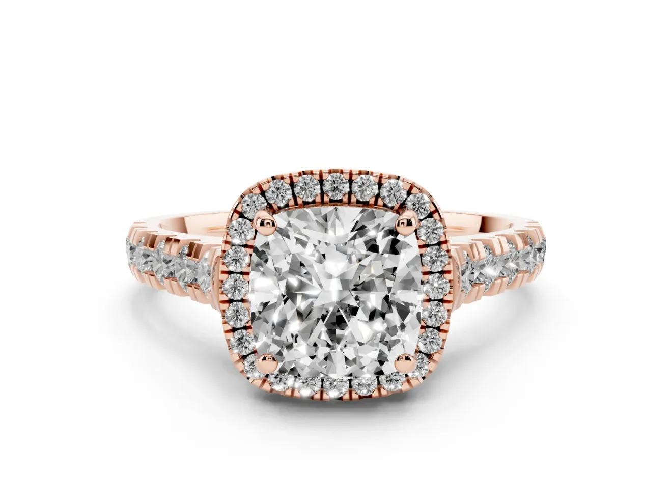 Cushion Cut Halo Engagement Ring Setting | Shared Prong Shoulders | Rose Gold