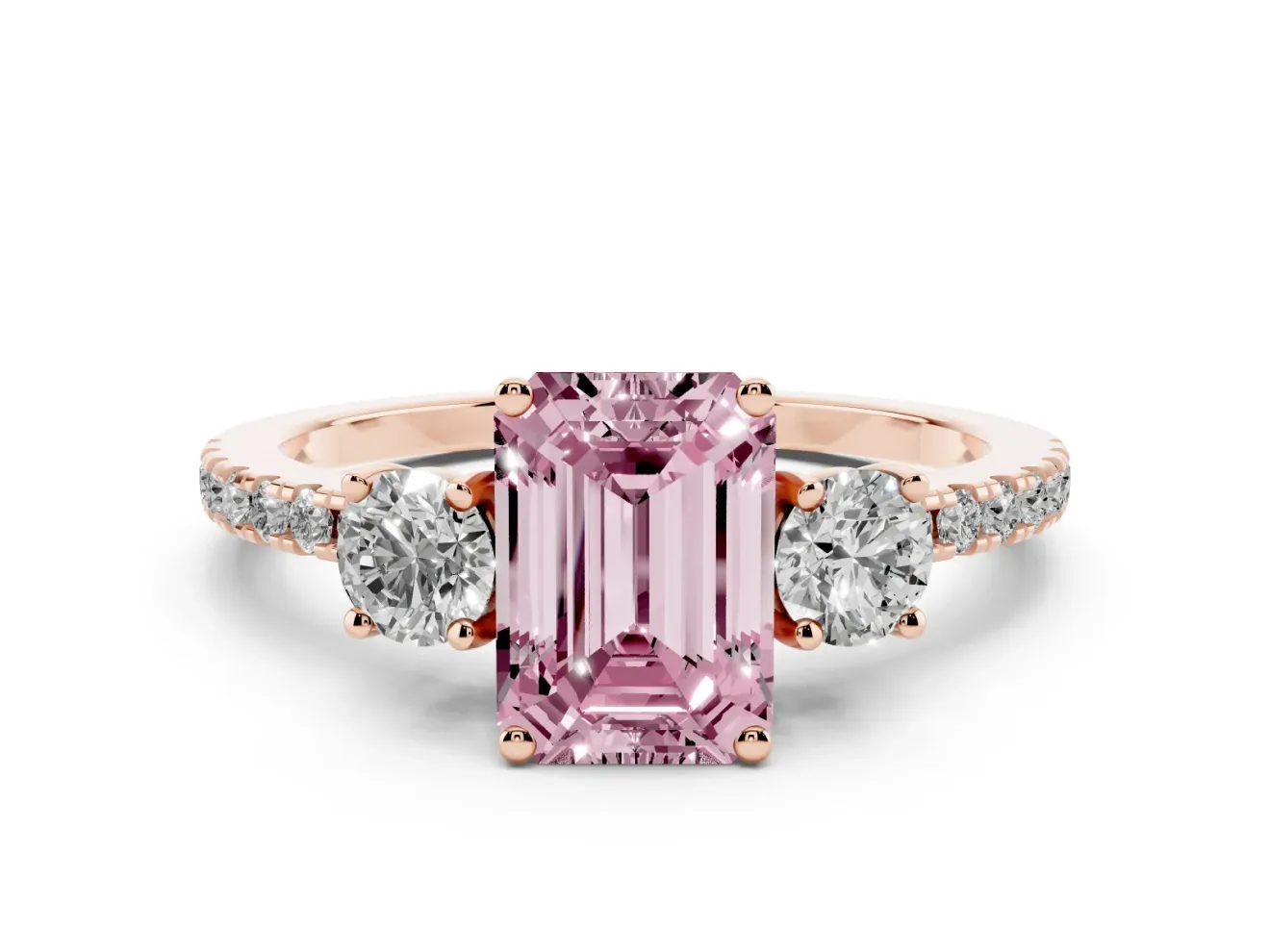 Emerald Cut Three Stone Engagement Ring Setting for a Fancy Pink Lab-Grown Diamond | Pave Shoulders | Rose Gold