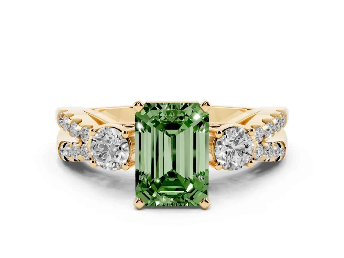 Fancy Green Emerald Cut Diamond Three-Stone Ring Set in Yellow gold with Pavé Split Shank and Prong Setting