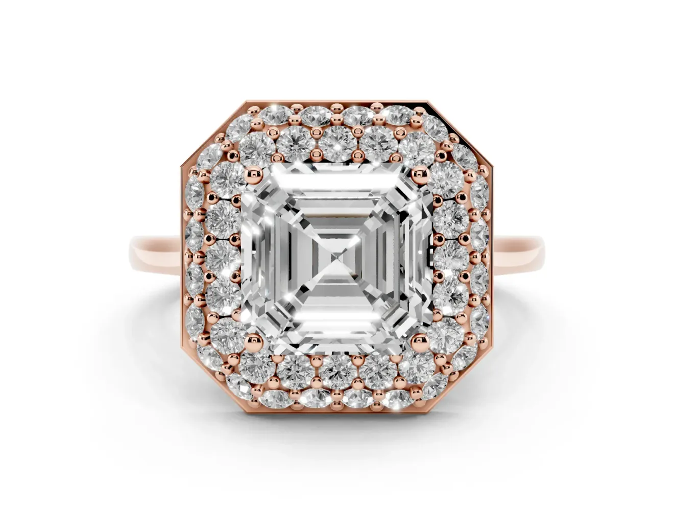 Asscher Cut Diamond Halo Engagement Ring Set in Rose gold with Solitaire Band and Prong Setting