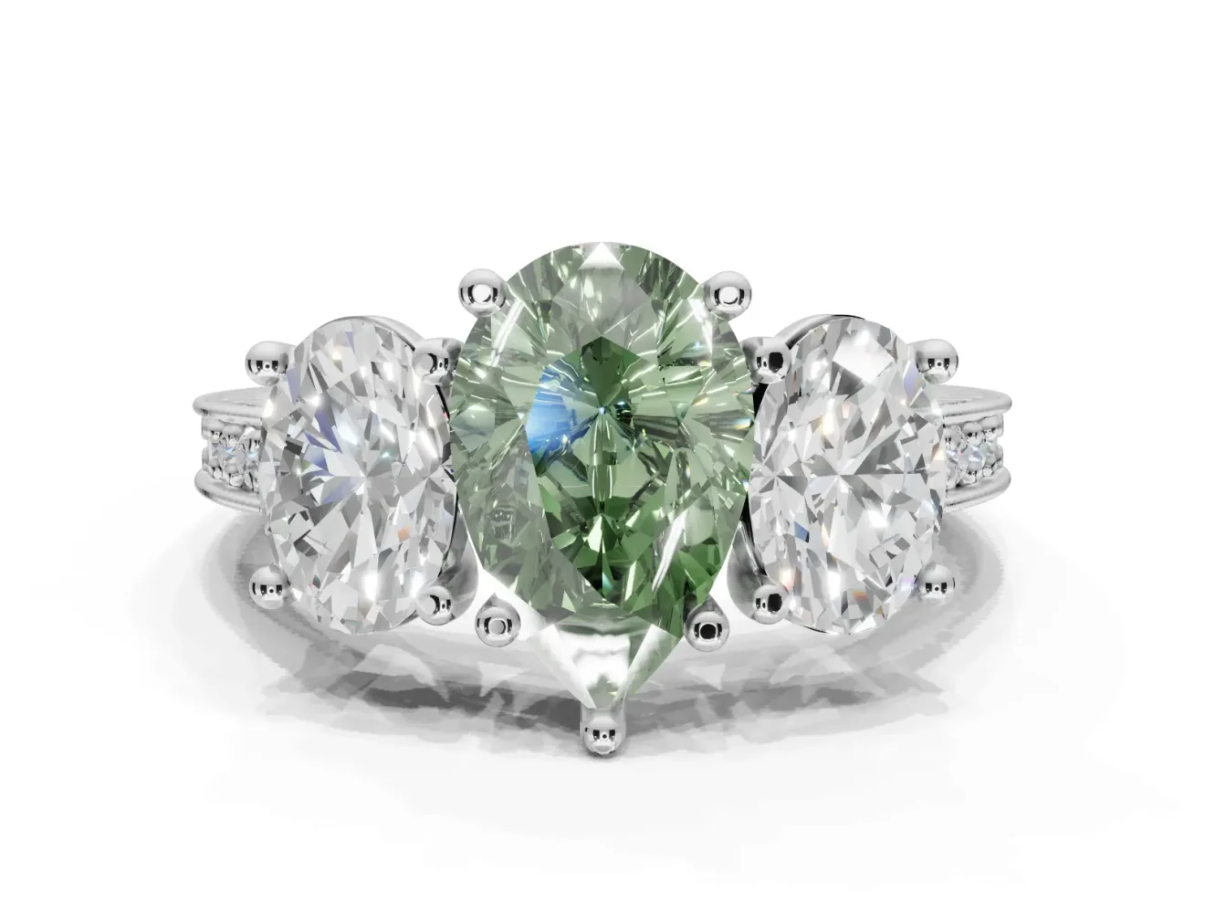 Pear-Shaped Vintage Three Stone Engagement Ring Setting for a Fancy Green Lab-Grown Diamond | Graduated Pavé | Platinum