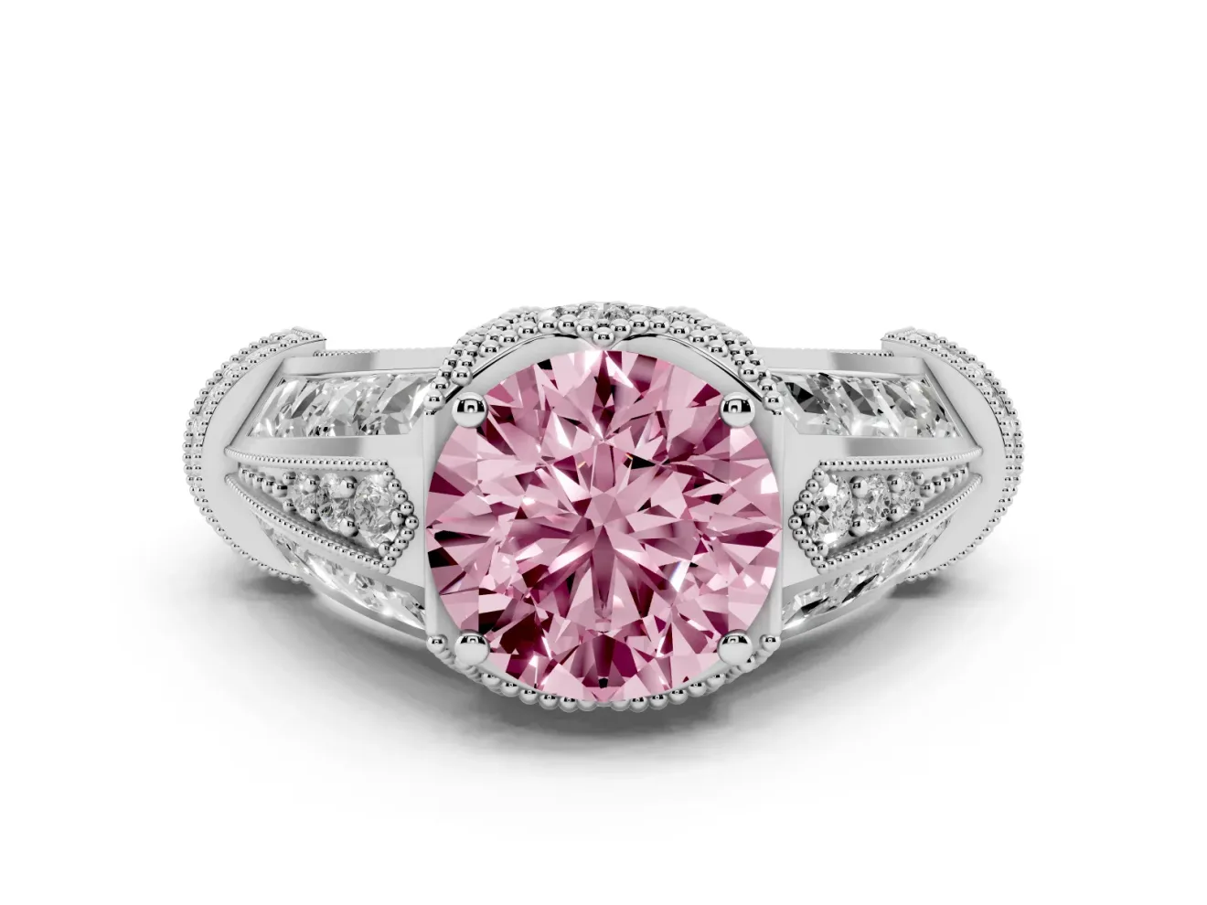 Fancy Pink Round Cut Diamond Vintage-Inspired Milgrain Ring Set in White gold with Accent Split Shank