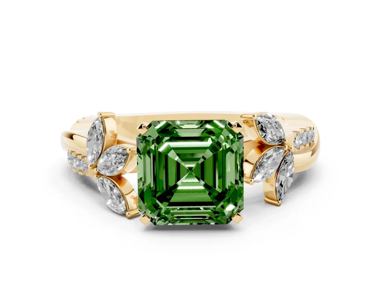 Asscher Cut Floral Vine Engagement Ring Setting for a Fancy Green Lab-Grown Diamond | Yellow Gold