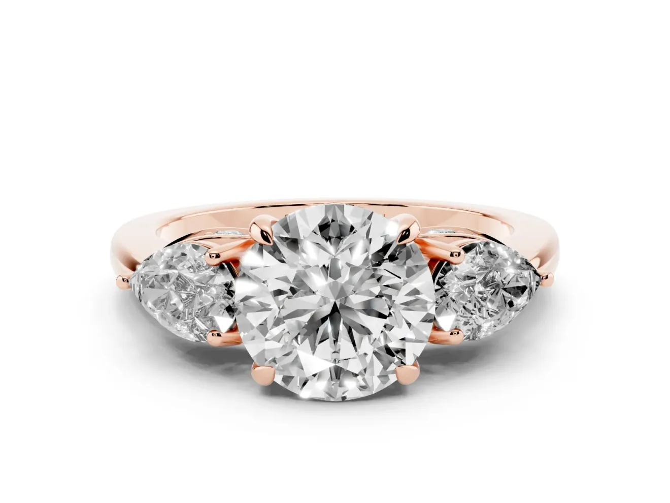 Round Three Stone Engagement Ring Setting | Pear Side Stones | Rose Gold