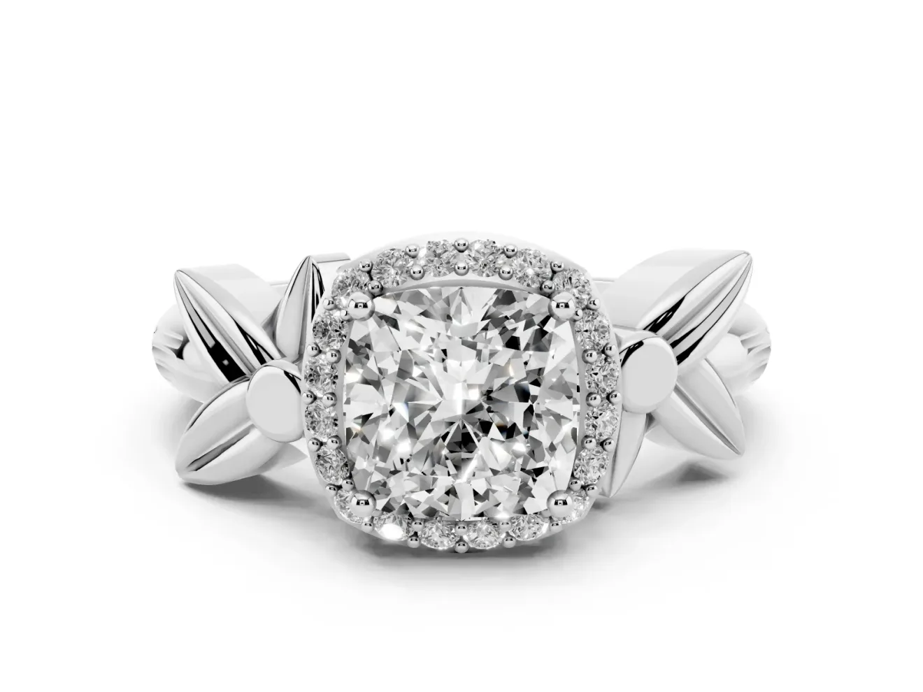 Cushion Cut Floral Halo Engagement Ring Setting | Leaf Shoulders | Platinum
