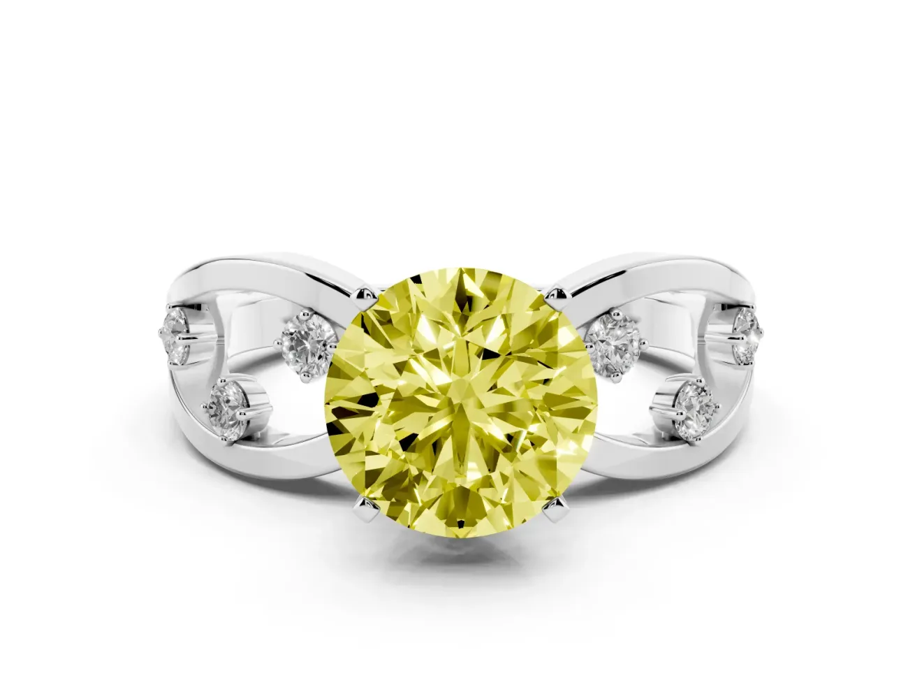 Fancy Yellow Round Cut Diamond Solitaire Ring Set in Silver with Side Stones on Criss-Cross Band and Prong Setting