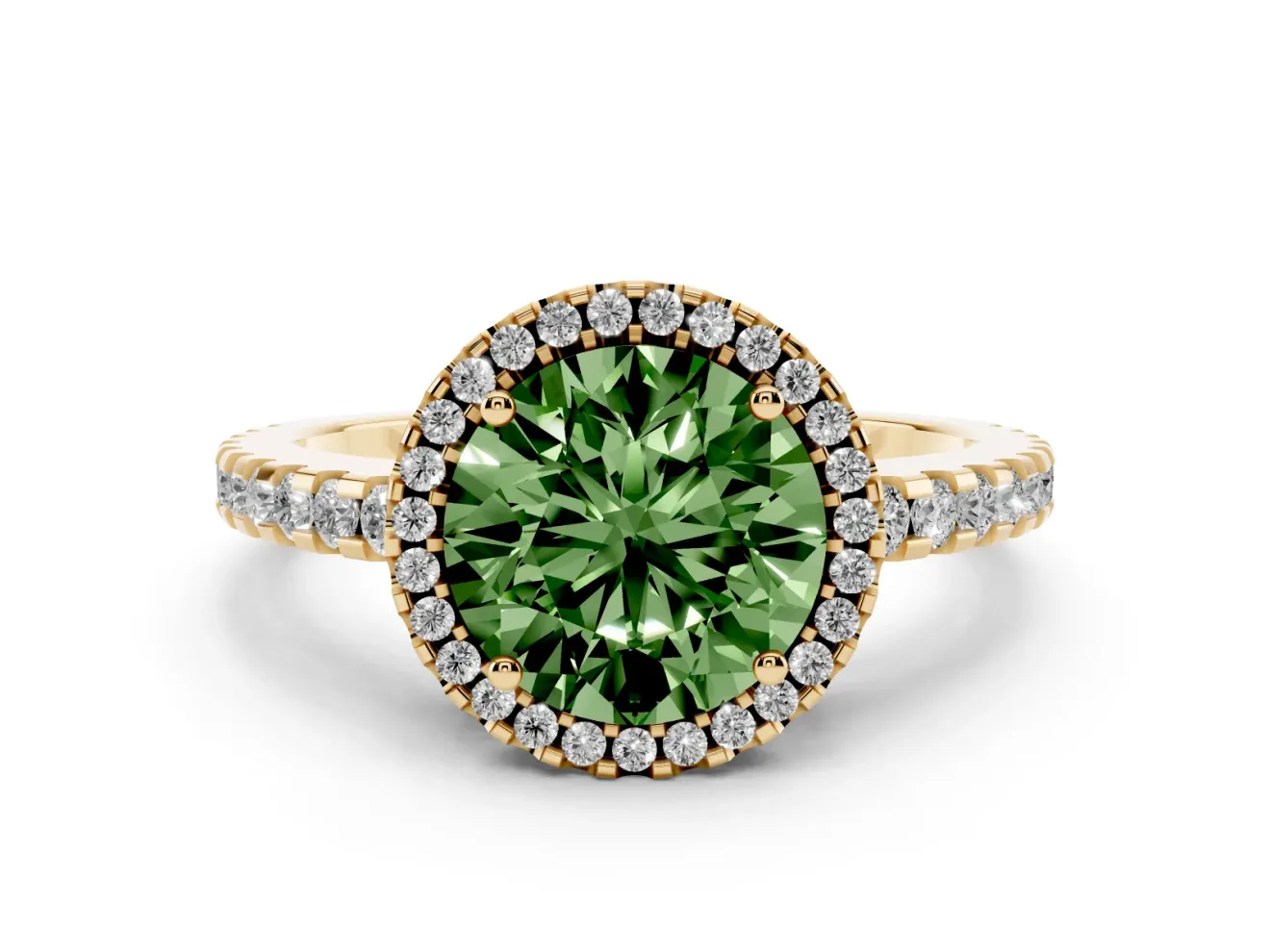 Round Pave Halo Engagement Ring Setting for a Fancy Green Lab-Grown Diamond | Yellow Gold