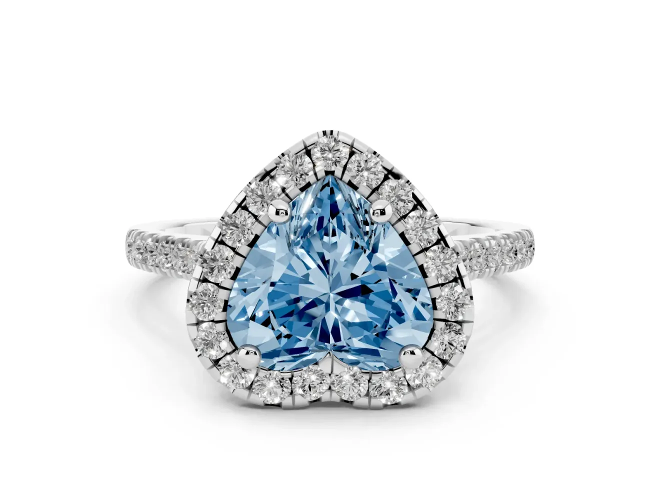 Fancy Blue Heart Cut Diamond Cushion Halo Ring Set in White gold with Pavé Band