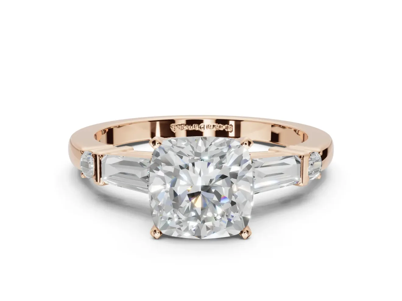 Cushion Cut Tapered Baguette Engagement Ring Setting | Bar Set Sides | Rose Gold