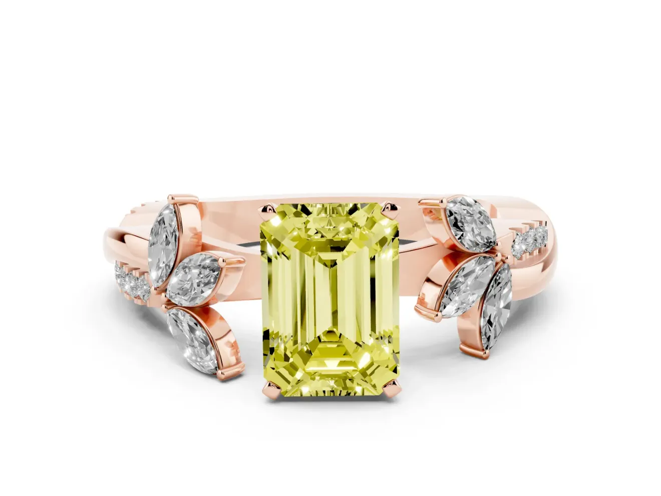 Fancy Yellow Emerald Cut Diamond Floral Vine Solitaire Engagement Ring Set in Rose gold with Marquise Leaves