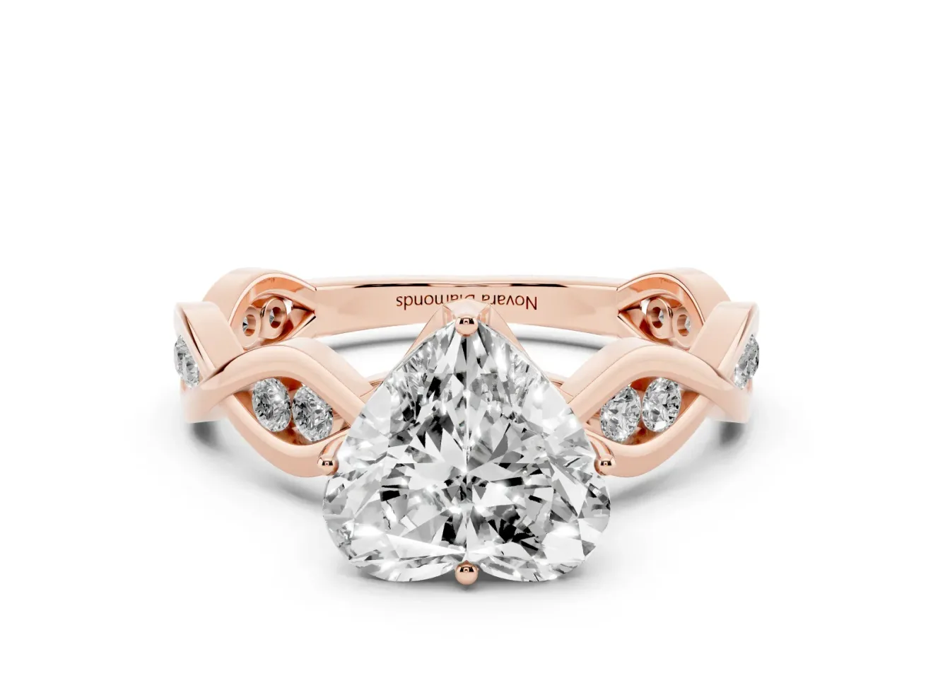 Heart Cut Diamond Twist Band Solitaire Ring Set in Rose gold with Leaf Prong Setting and Accent Stones