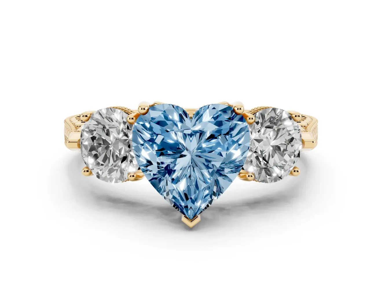Heart-Shaped Vintage Three Stone Engagement Ring Setting for a Fancy Blue Lab-Grown Diamond | Yellow Gold - Design NV-24868