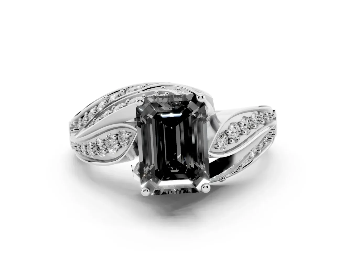 Emerald Cut Bypass Pavé Engagement Ring Setting for a Black Center | Sterling Silver