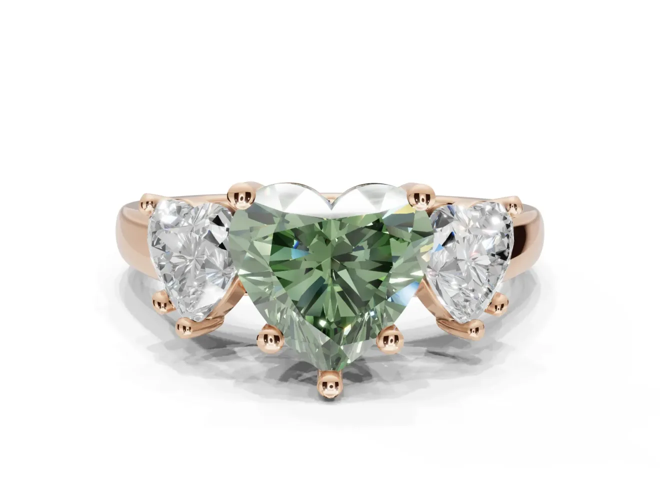 Heart-Shaped Three Stone Engagement Ring Setting for a Fancy Green Lab-Grown Diamond | Tapered Band | Rose Gold