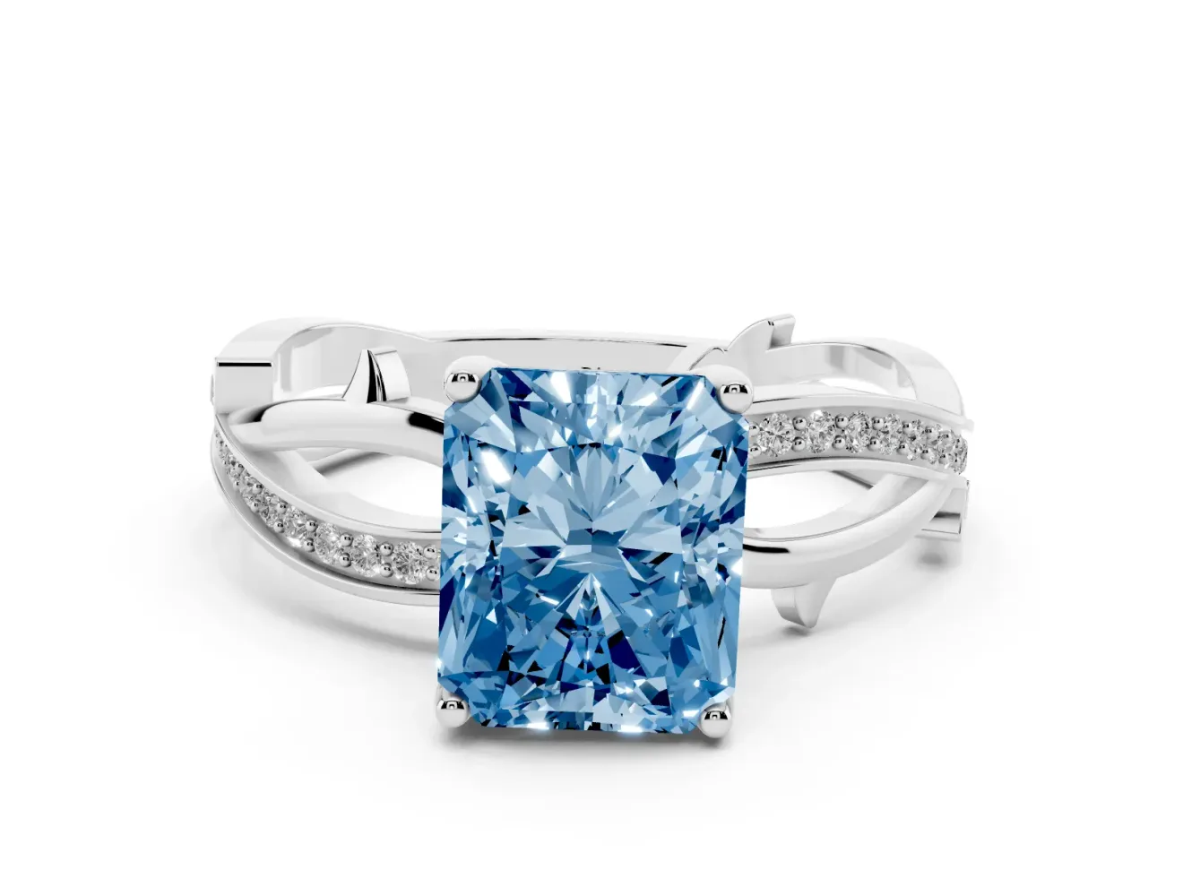 Fancy Blue Radiant Cut Diamond Pavé Twist Band Solitaire Ring Set in Silver with Prong Setting