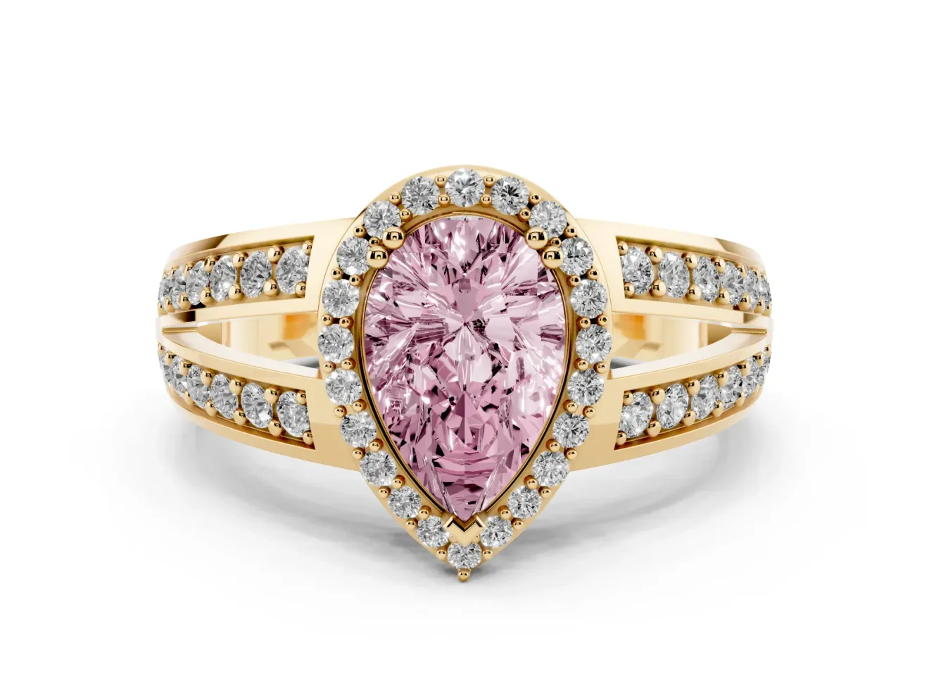 Pear-Shaped Halo Engagement Ring Setting for a Fancy Pink Lab-Grown Diamond | Two-Row Pave Split Shank | Yellow Gold