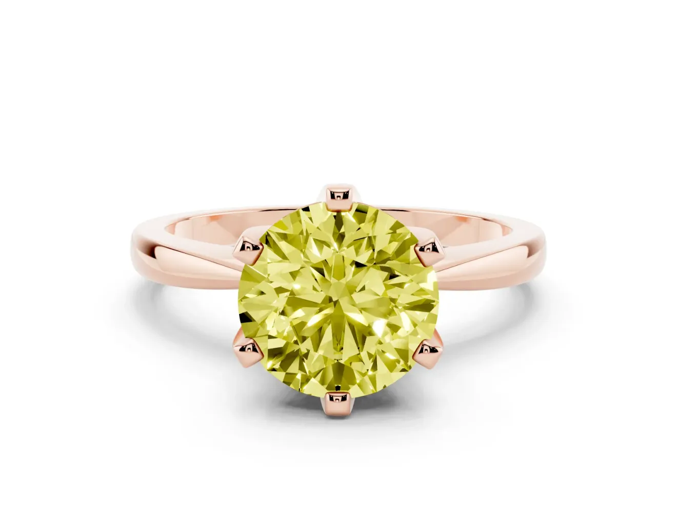 Fancy Yellow Round Cut Diamond Solitaire Engagement Ring Set in Rose gold with Slim Tapered Solitaire Band