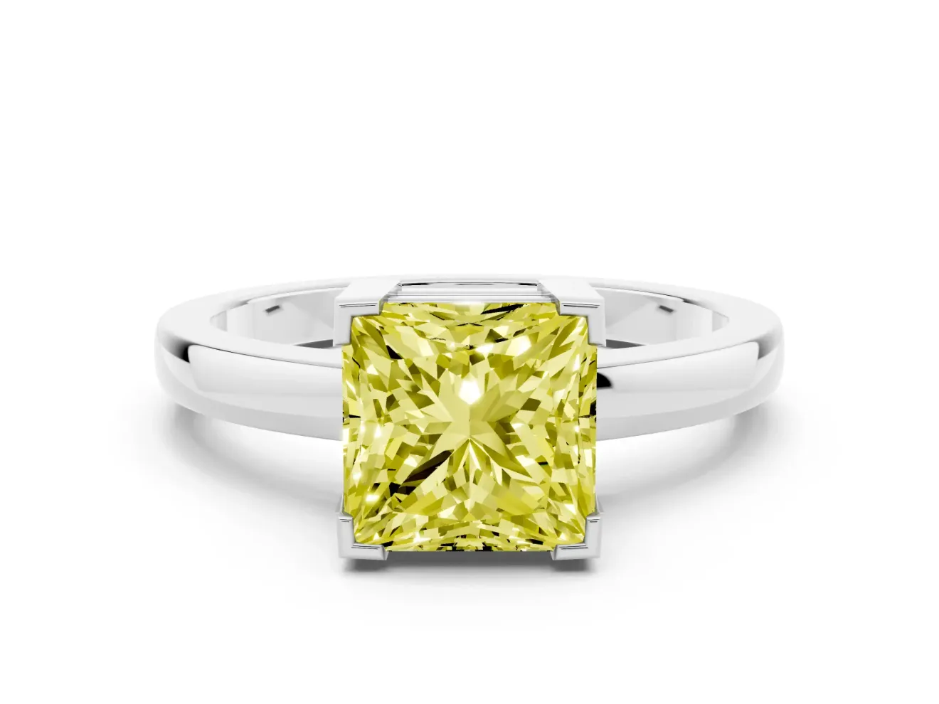 Fancy Yellow Princess Cut Diamond Solitaire Ring Set in White gold with Prong Head and Smooth Polished Band