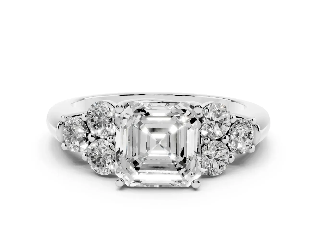 Asscher Cut Diamond Cluster Ring Set in Silver with Round Accent Stones and Prong Setting on a Plain Band