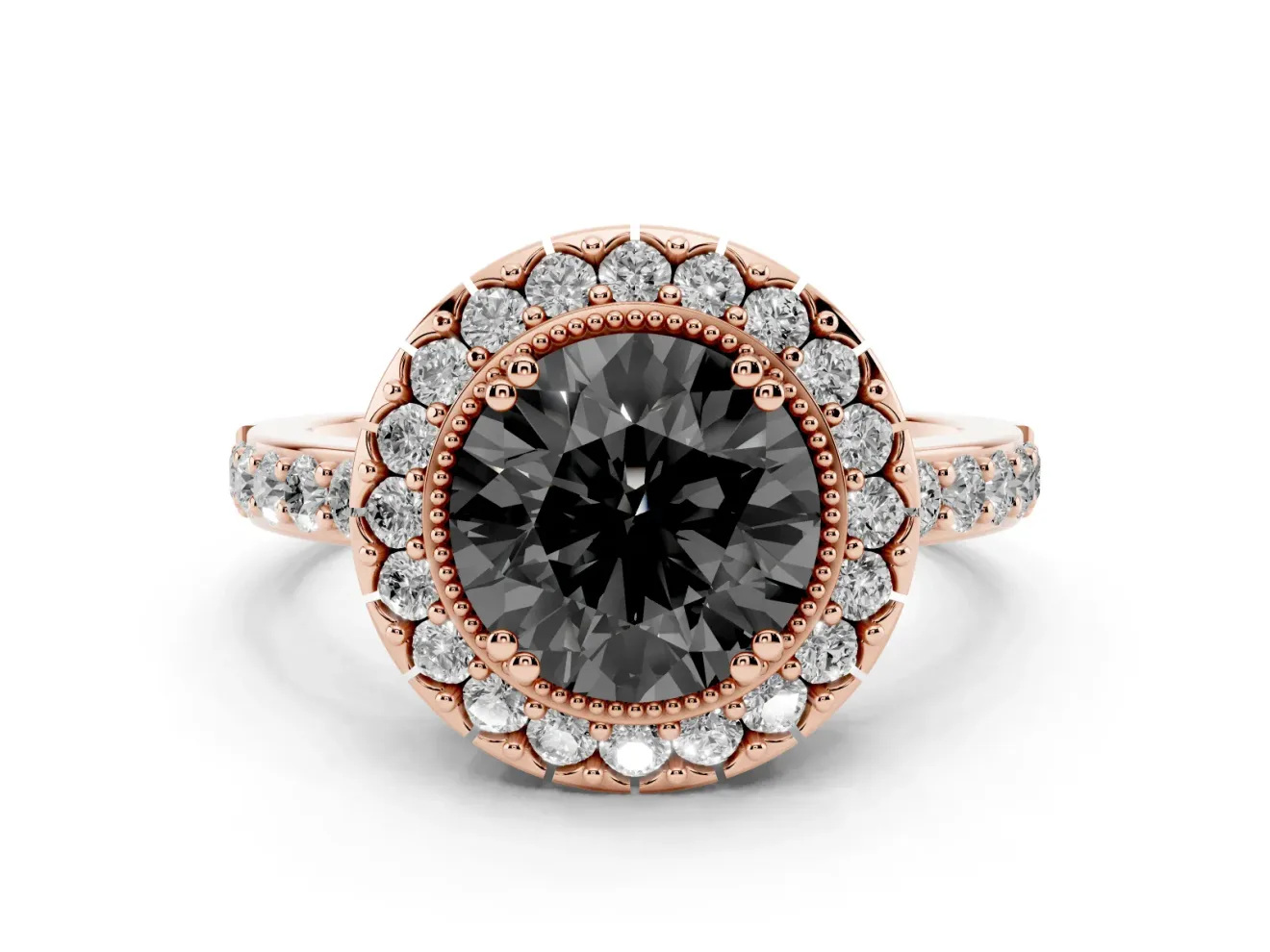 Round Vintage Milgrain Halo Engagement Ring Setting for a Black Center | Pierced Gallery | Rose Gold