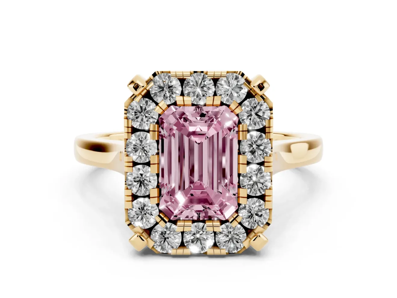 Emerald Cut Claw Corner Halo Engagement Ring Setting for a Fancy Pink Lab-Grown Diamond | Slim Plain Band | Yellow Gold