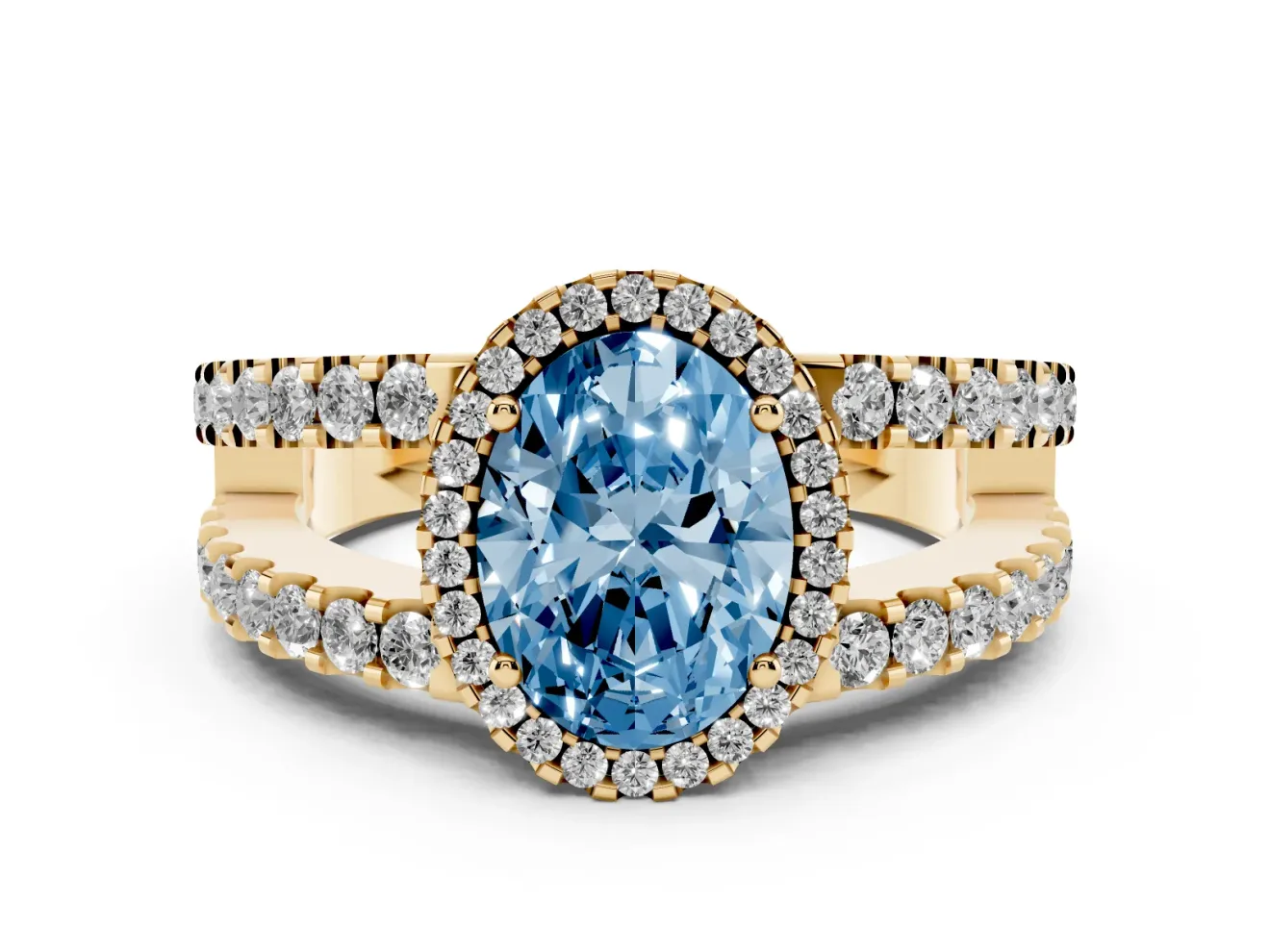 Fancy Blue Oval Cut Diamond Halo Ring Set in Yellow gold with Pavé Split Shank and Prong Setting