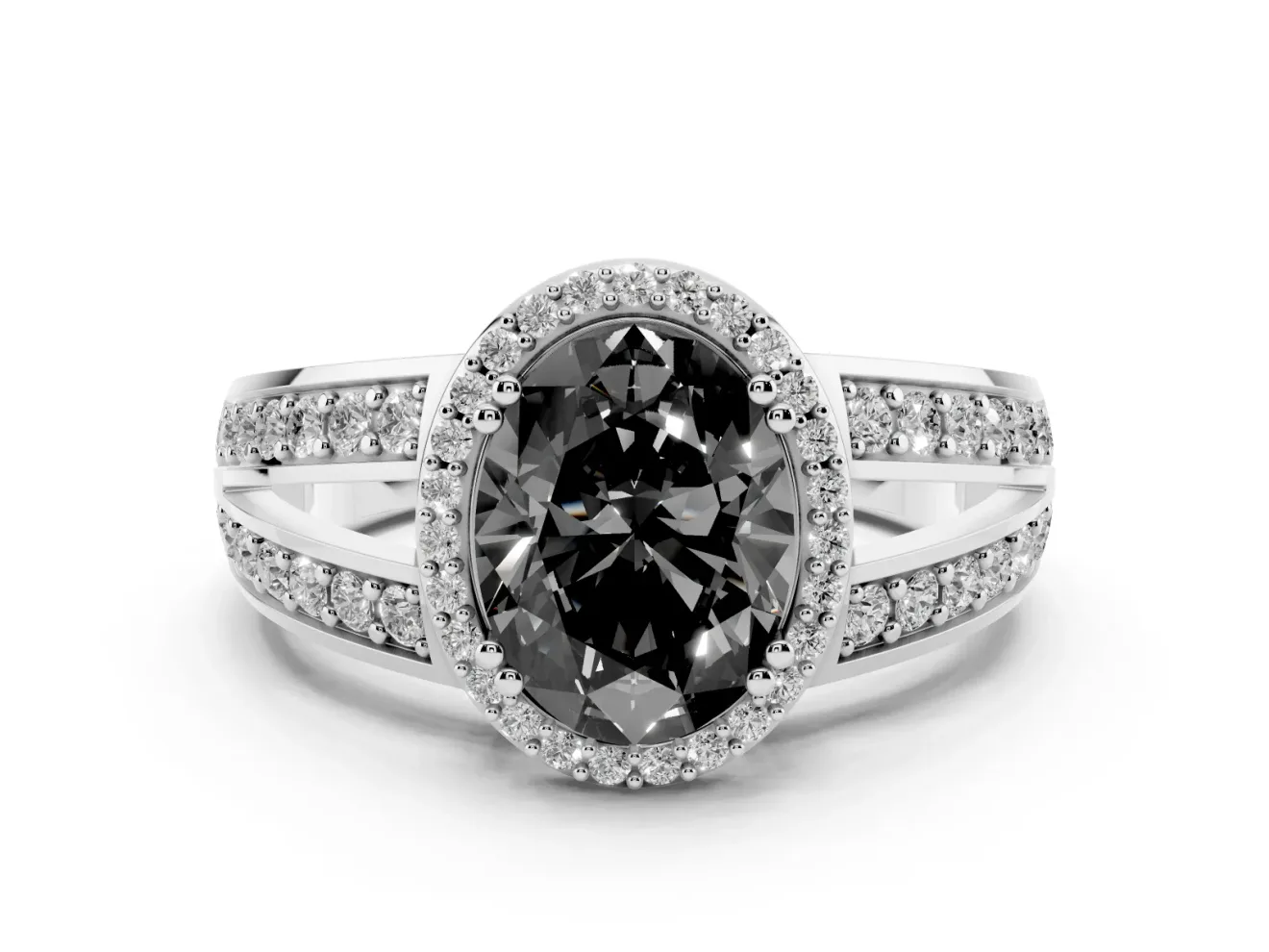 Fancy Black Oval Cut Diamond Halo Ring Set in Silver with Double Pavé Split Shank