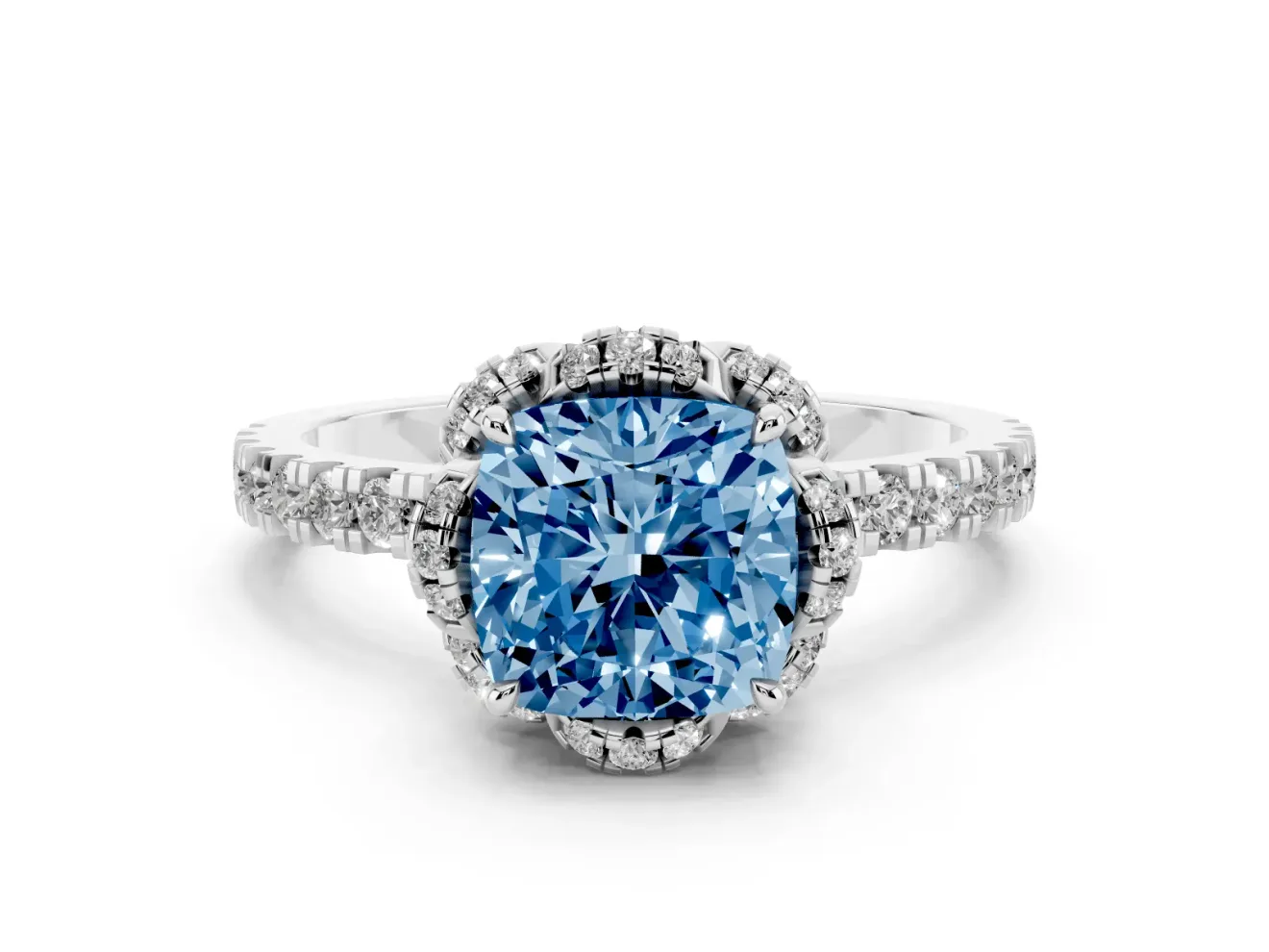 Fancy Blue Cushion Cut Diamond Halo Pavé Band Ring Set in White gold with Prong-Held Center