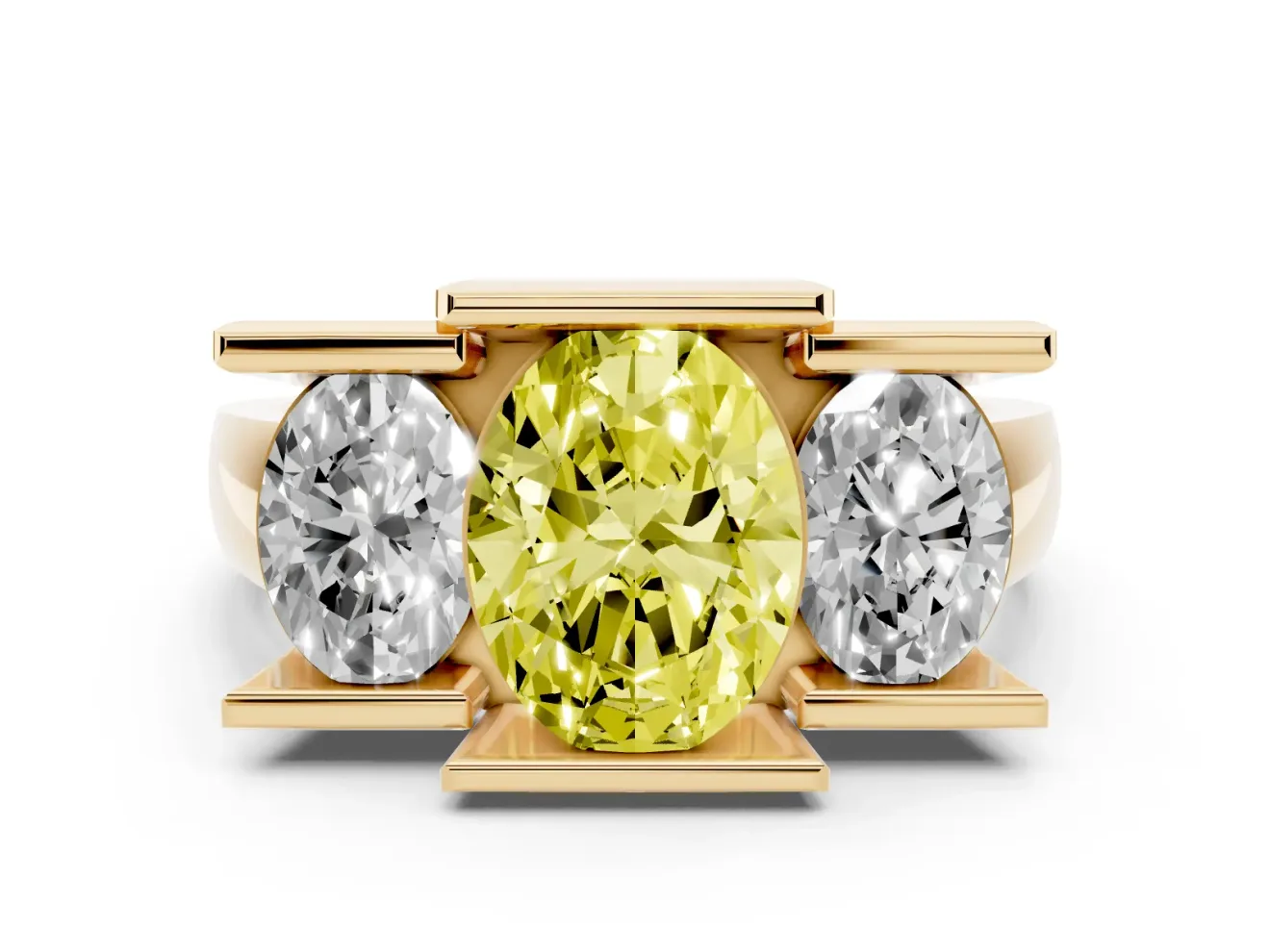 Oval Channel-Set Three Stone Engagement Ring Setting for a Fancy Yellow Lab-Grown Diamond | Wide Flat Band | Yellow Gold