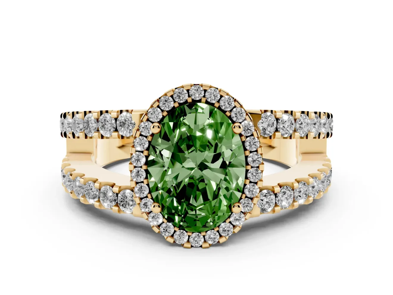 Fancy Green Oval Cut Diamond Halo Ring Set in Yellow gold with Pavé Split Shank and Prong Setting