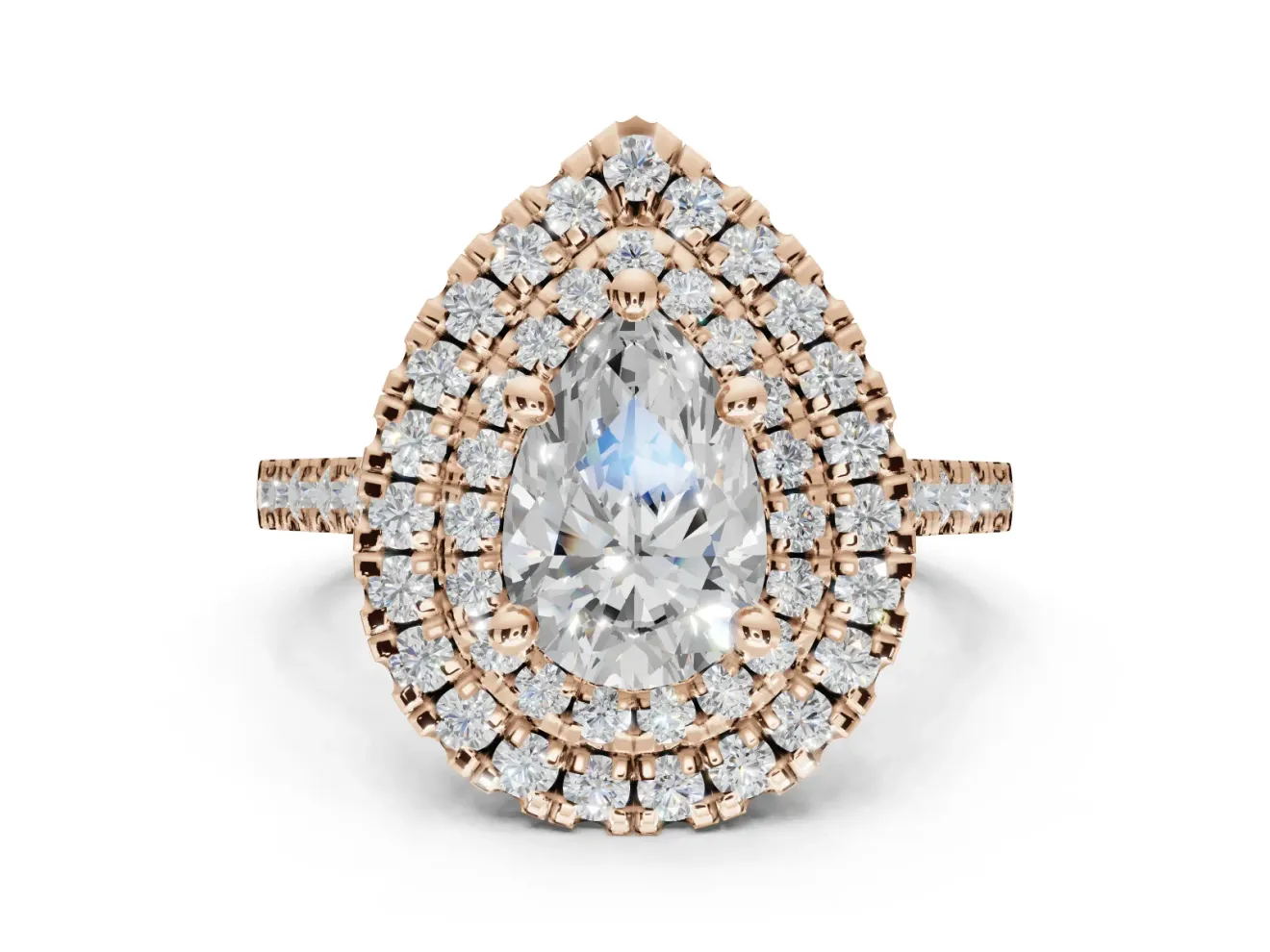 Pear-Shaped Lab-Grown Diamond Double Halo Statement Ring Set in Rose Gold with Pavé Band
