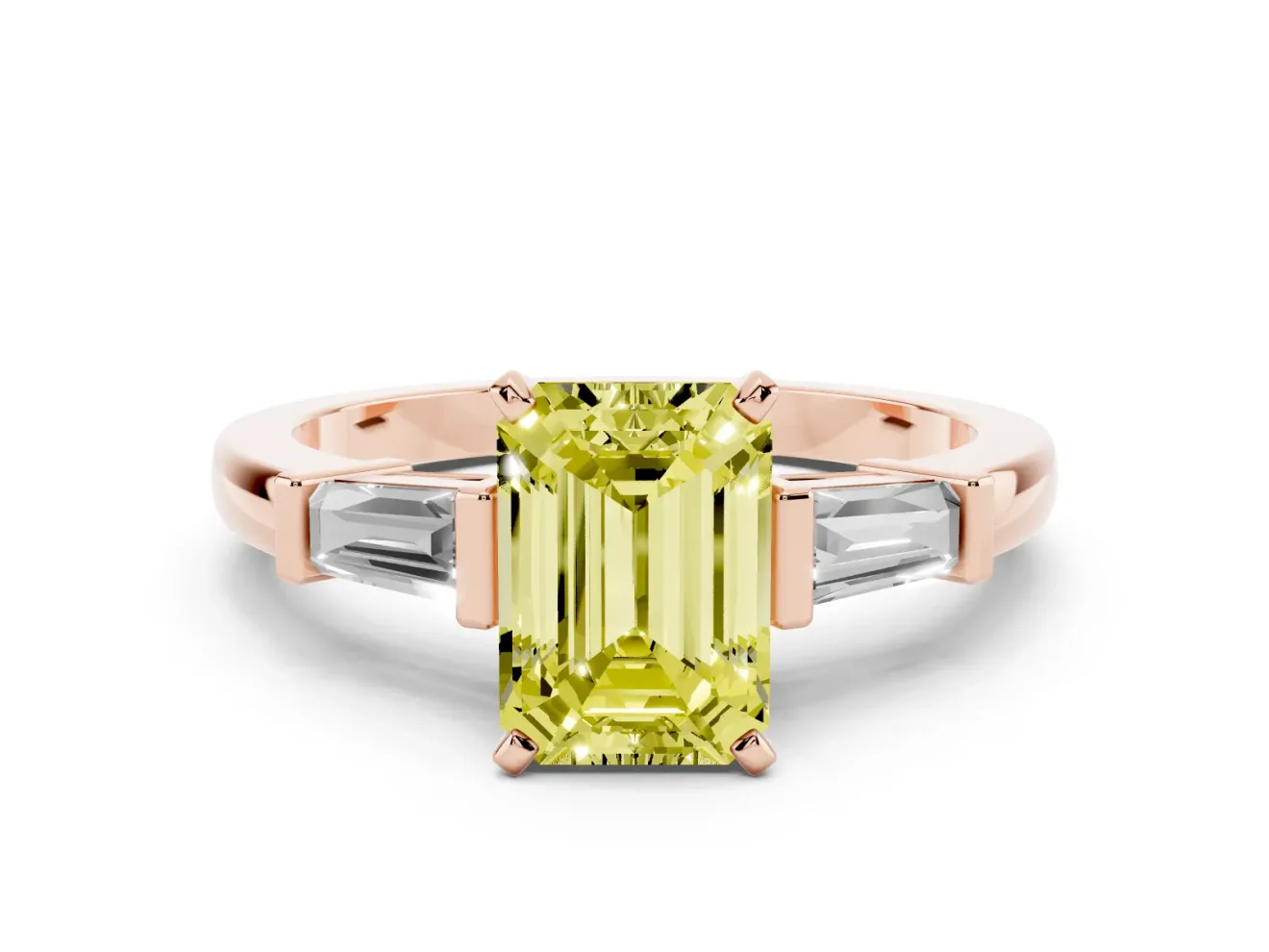 Fancy Yellow Emerald Cut Diamond Solitaire Ring Set in Rose gold with Tapered Baguette Accents and Prong Setting
