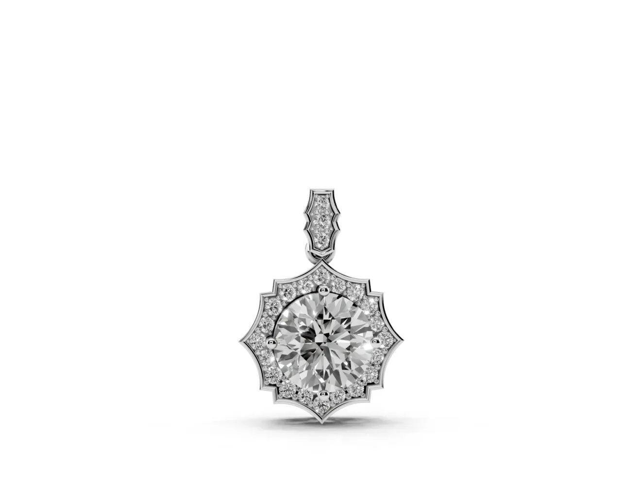 Round Lab-Grown Diamond Pointed Halo Pendant Necklace | Pavé Bail | White Gold