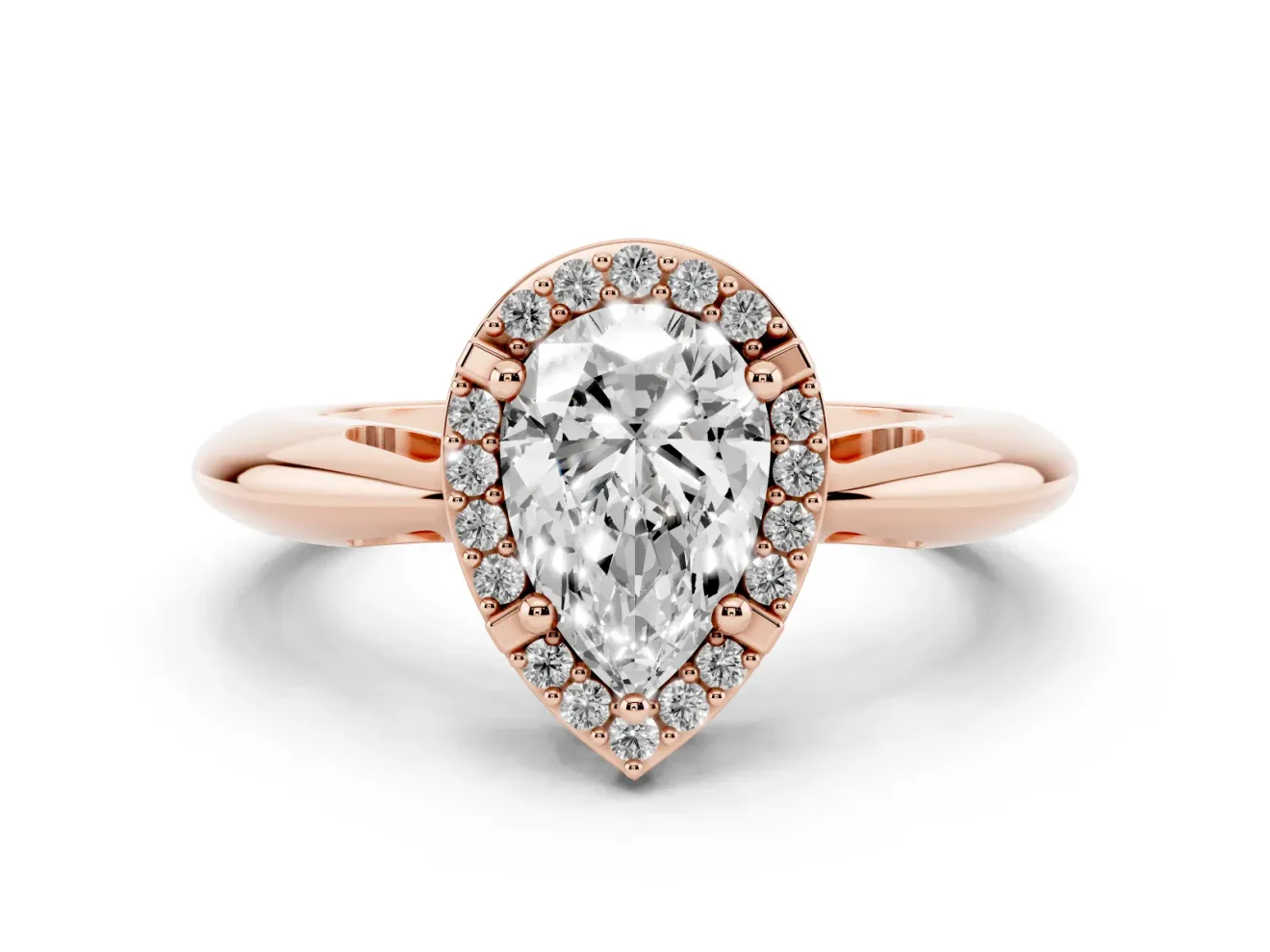 Pear Cut Diamond Halo Engagement Ring Set in Rose gold with Plain Split Shank and Prong Setting