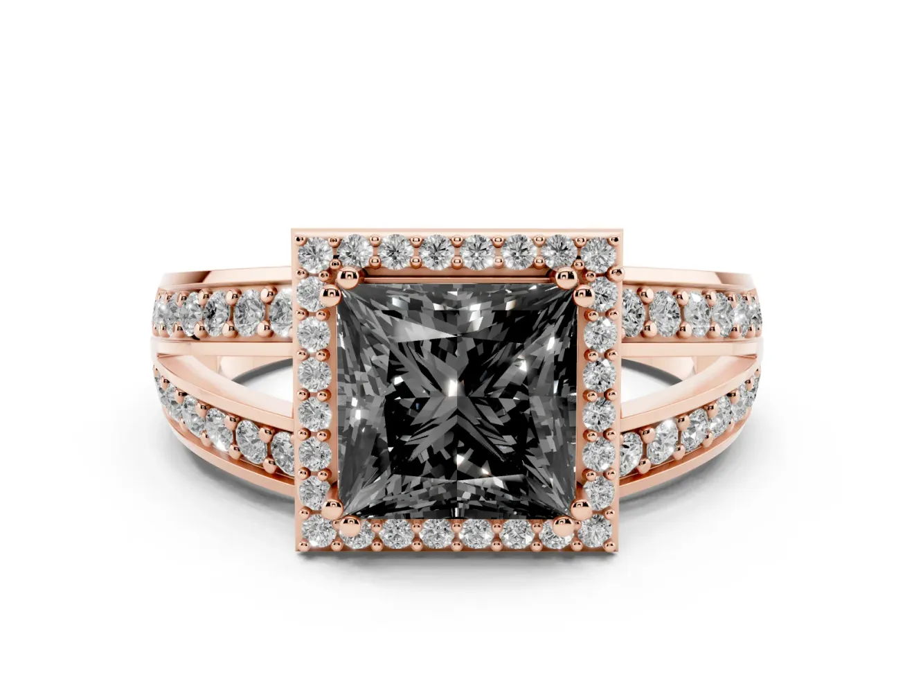 Princess Cut Halo Engagement Ring Setting for a Black Center | Two-Row Pavé Split Shank | Rose Gold