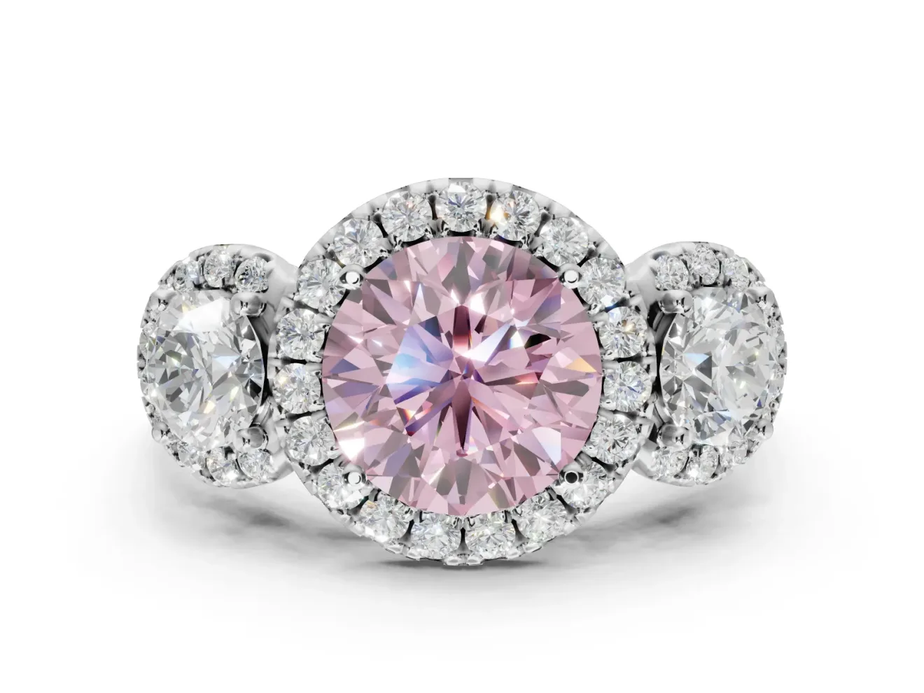 Round Three Stone Halo Engagement Ring Setting for a Fancy Pink Lab-Grown Diamond | Platinum