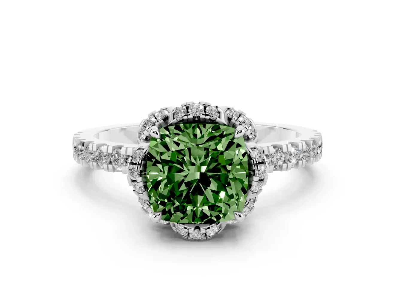 Fancy Green Cushion Cut Diamond Halo Pavé Band Ring Set in Platinum with Prong-Held Center