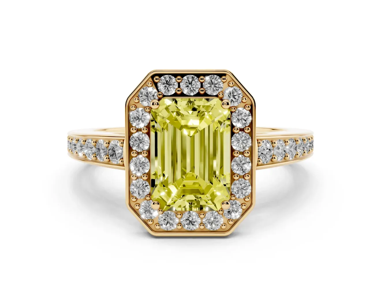Fancy Yellow Emerald Cut Diamond Halo Pavé Engagement Ring Set in Yellow gold with Bezel Setting