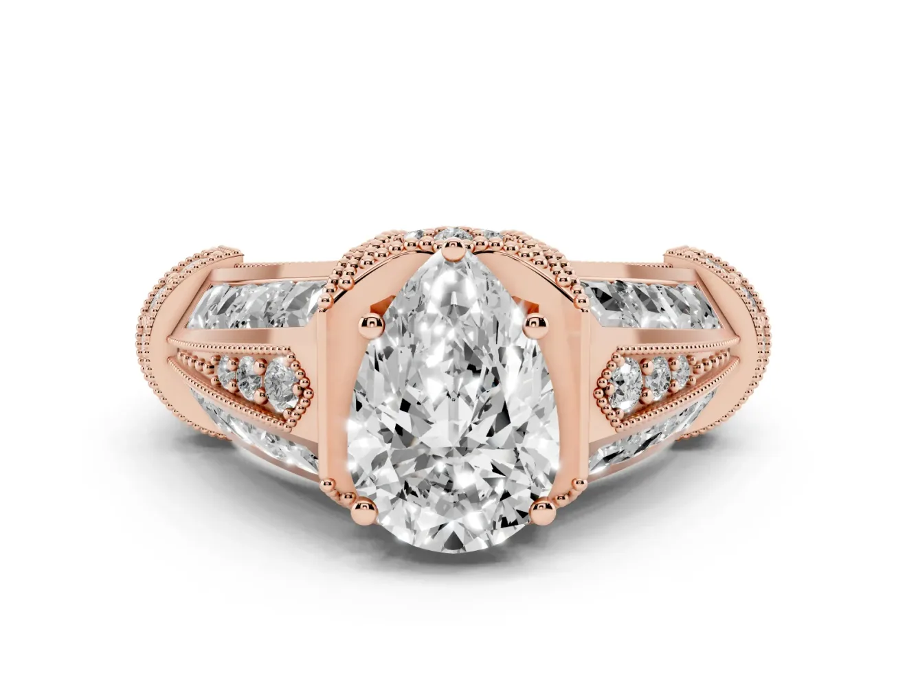 Pear-Shaped Vintage Milgrain Hidden Halo Engagement Ring Setting | Channel-Set Shoulders | Rose Gold