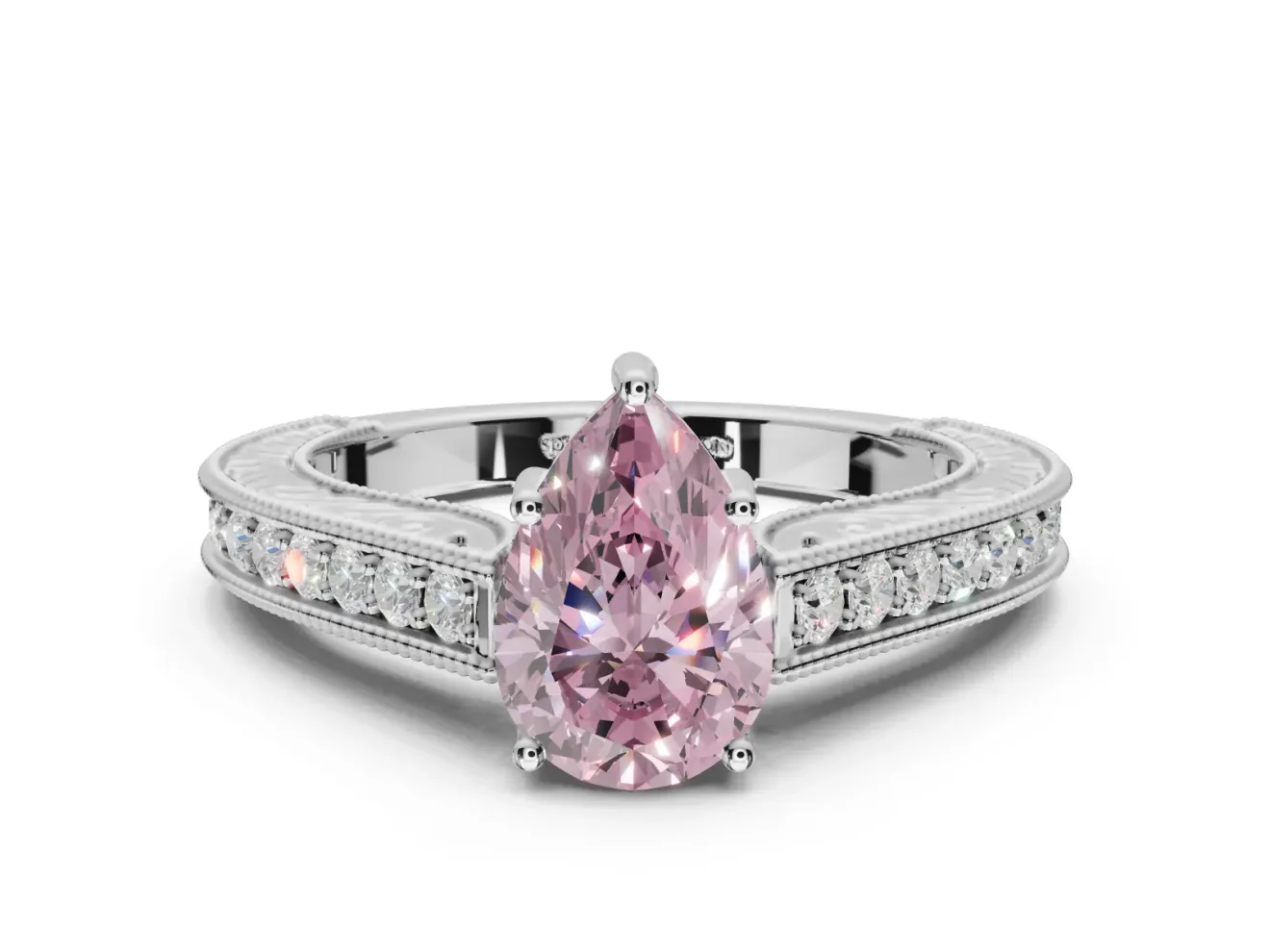 Pear-Shaped Vintage Engraved Pavé Engagement Ring Setting for a Fancy Pink Lab-Grown Diamond | Milgrain Edges | Platinum