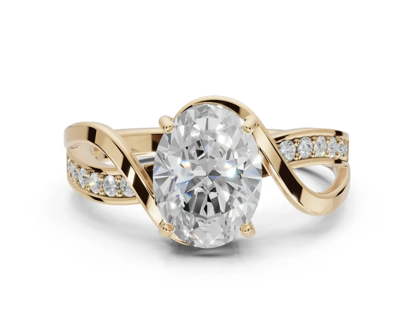 Oval Bypass Solitaire Engagement Ring Setting | Pavé and Plain Strands | Yellow Gold