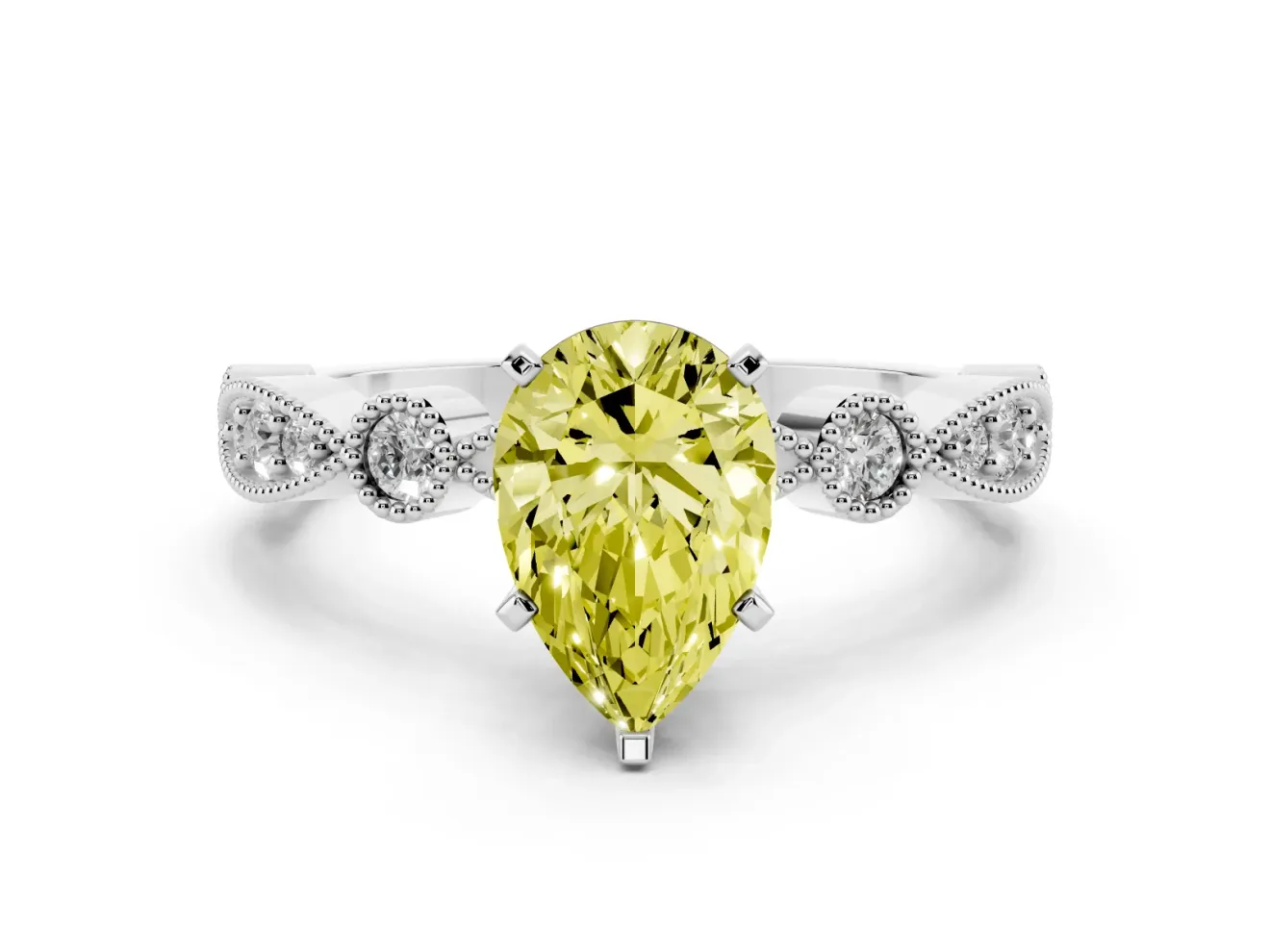 Fancy Yellow Pear Cut Diamond Solitaire Engagement Ring Set in Silver with Milgrain Bezel Accent Band