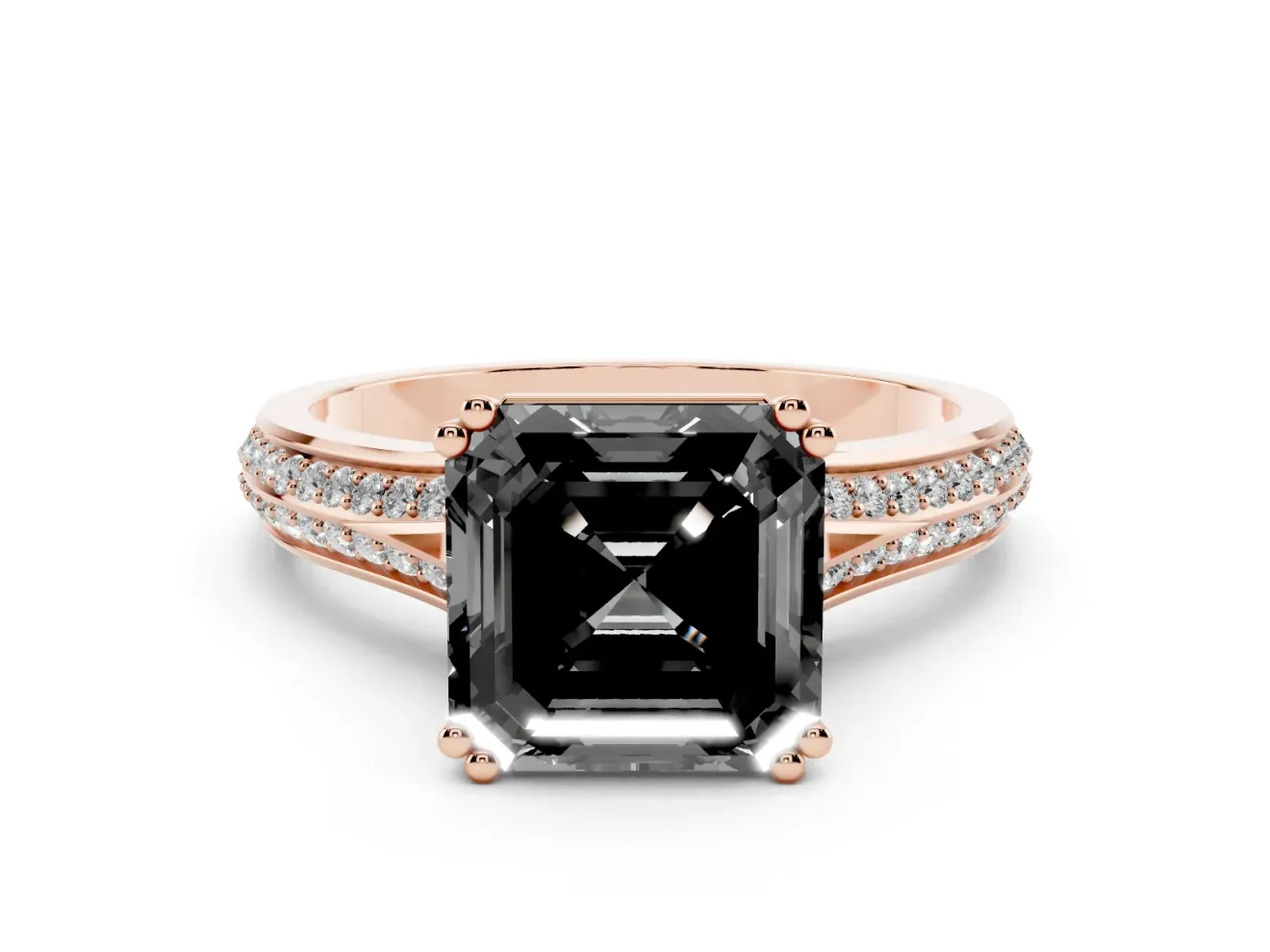 Asscher Cut Split Shank Engagement Ring Setting for a Black Center | Pavé Band | Rose Gold
