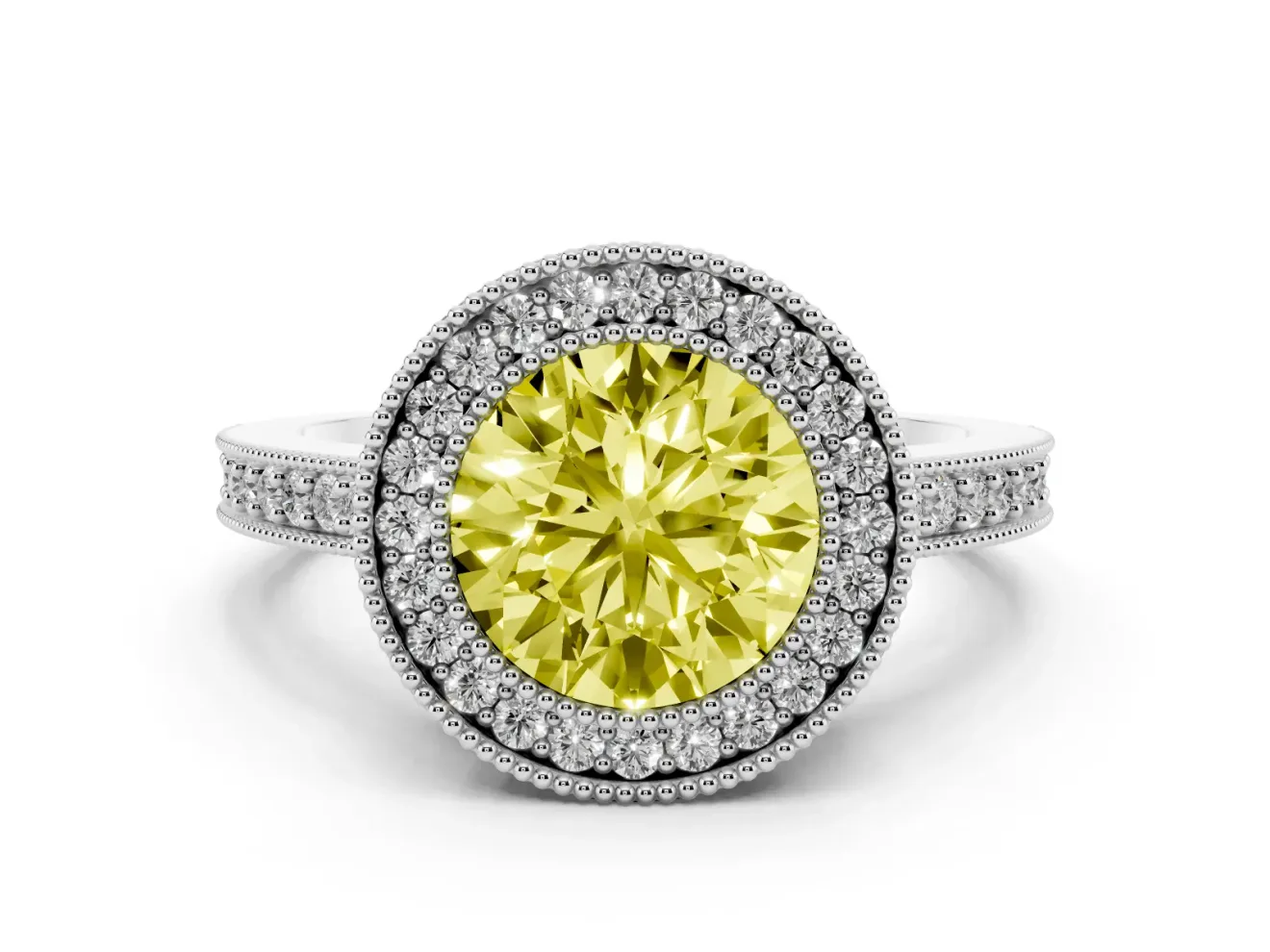 Fancy Yellow Round Cut Diamond Halo Engagement Ring Set in White gold with Pavé Band and Round Halo Stones