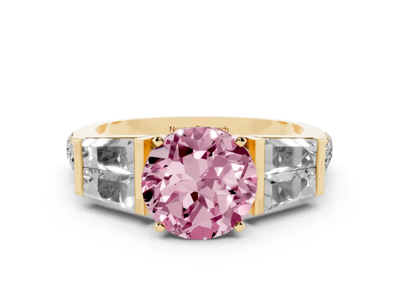 Fancy Pink Round Cut Diamond Engagement Ring Set in Yellow gold with Baguette Side Stones and Channel Set Band