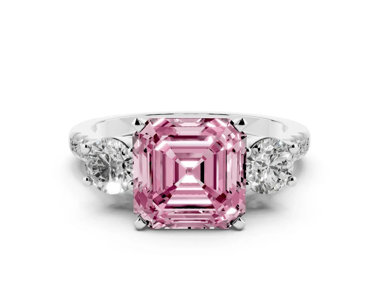 Asscher Cut Three-Stone Engagement Ring Setting for a Fancy Pink Lab-Grown Diamond | White Gold