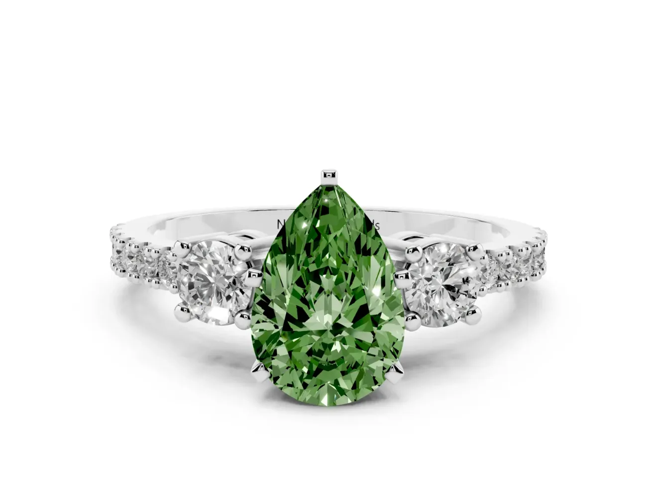 Pear-Shaped Three Stone Engagement Ring Setting for a Fancy Green Lab-Grown Diamond | Pavé Band | White Gold